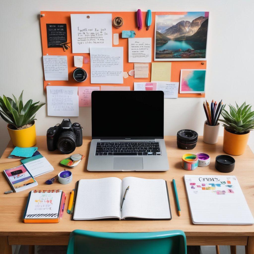 A stunning flat lay of a creative workspace showcasing a camera, a laptop with a photo editing software open, colorful notebooks, and art supplies. In the background, a minimalist wall with inspirational quotes about creativity and visual storytelling. Soft natural light illuminating the scene to evoke a sense of inspiration. digital art style. vibrant colors. dynamic composition.
