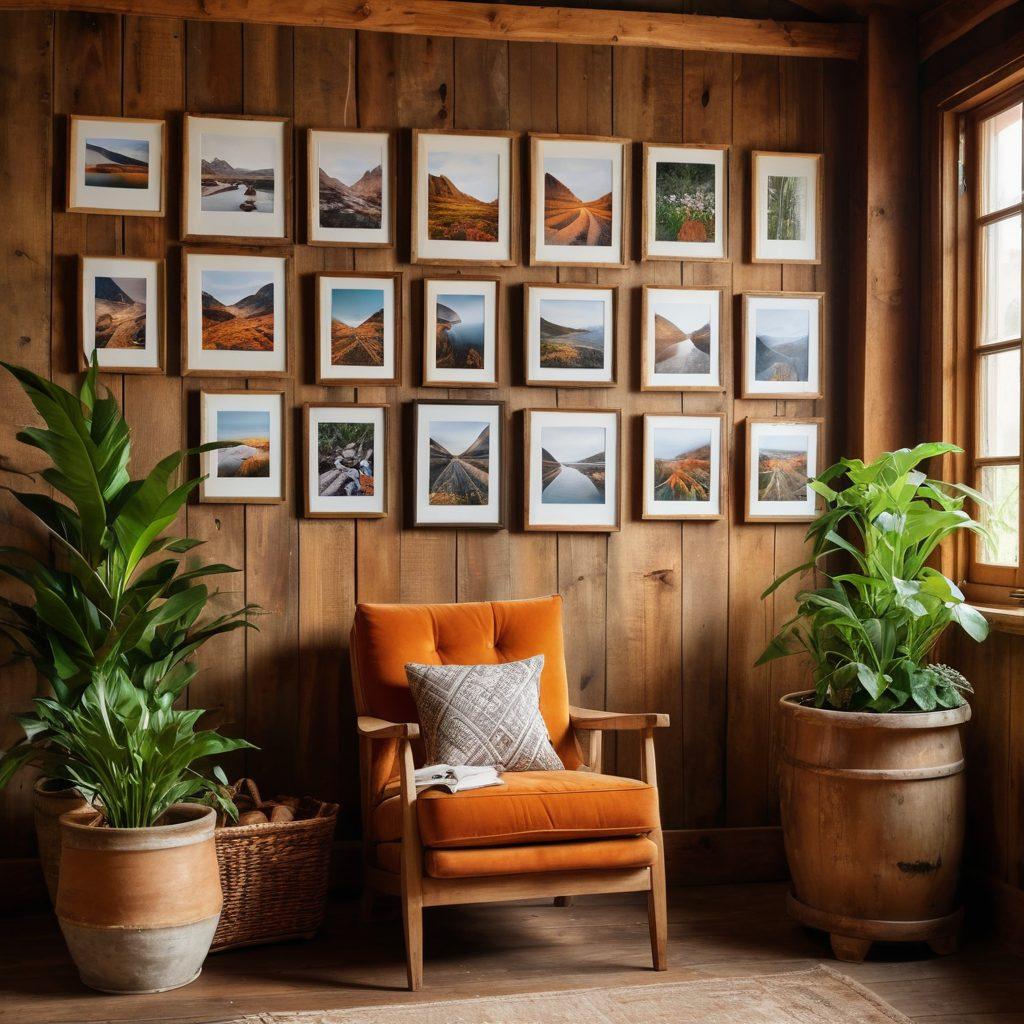 A beautifully arranged photo gallery on a rustic wooden wall, showcasing stunning nature and travel photographs framed elegantly. The space is illuminated with soft, warm lighting, creating a cozy atmosphere. Include a comfortable chair nearby for viewers to sit and enjoy the gallery, and add a potted plant for a touch of freshness. The colors should be vibrant and inviting, capturing the essence of creativity in photography. super-realistic. warm tones. cozy interior.